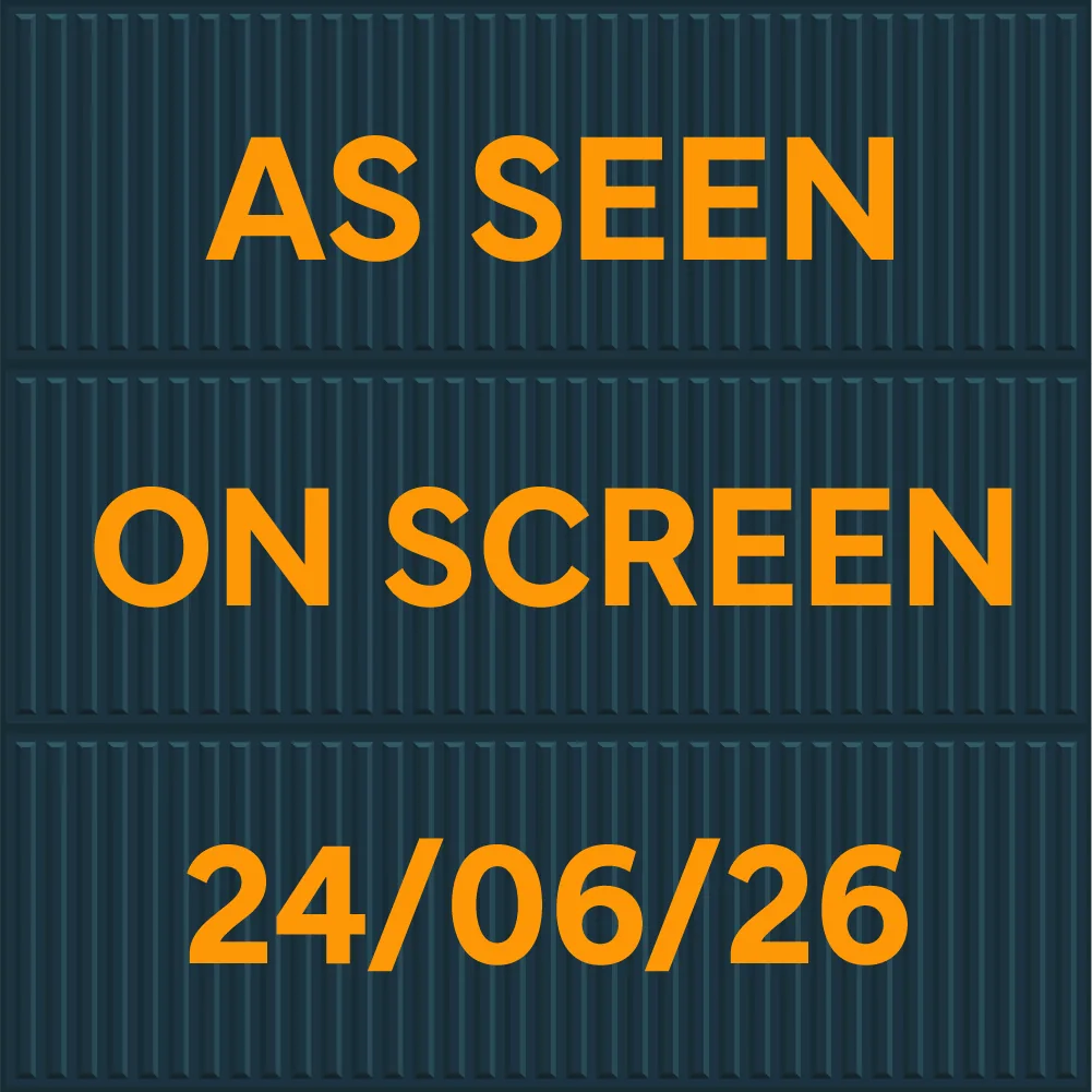 An As Seen On Screen post with the broadcast date set in gold on container navy